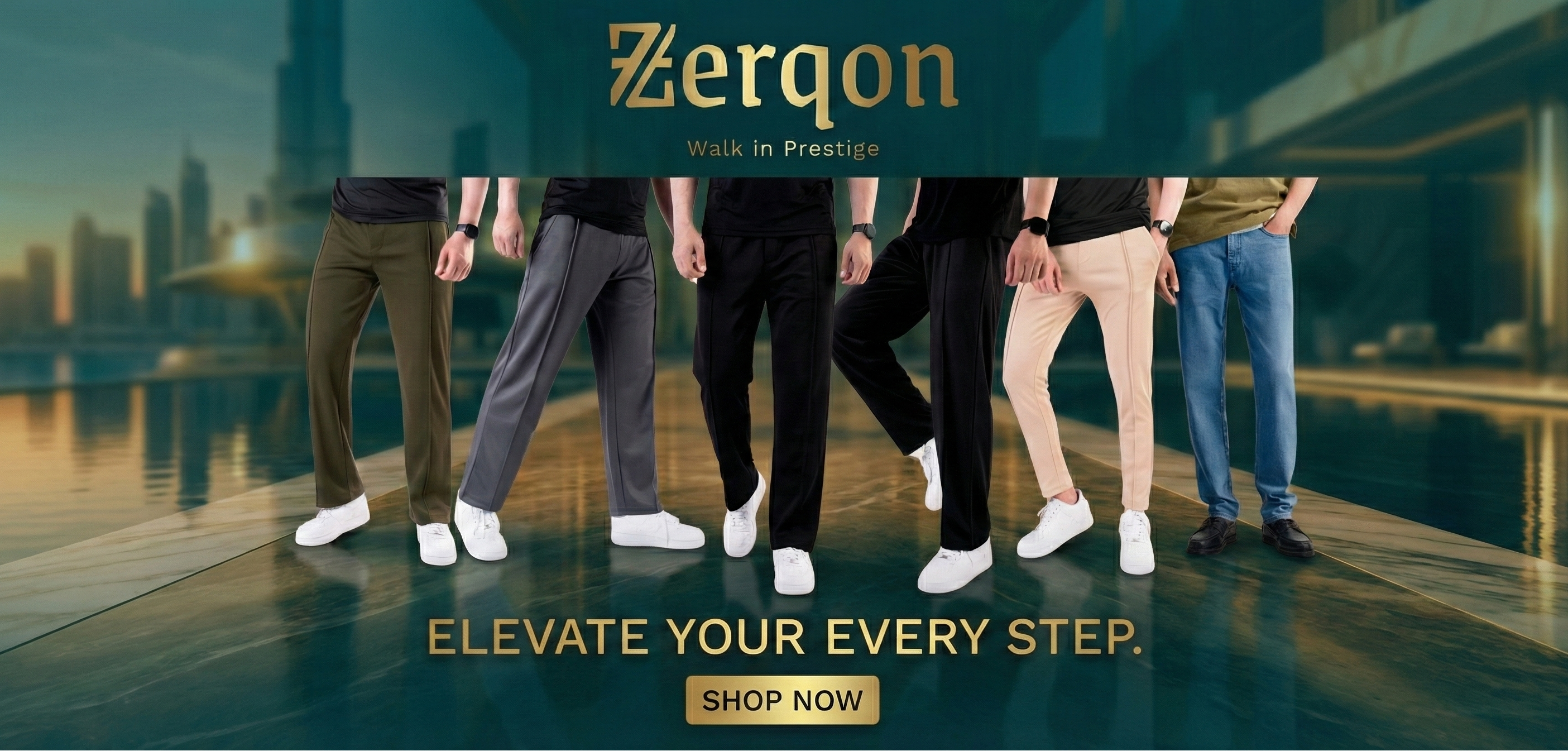 Promotional banner for Zerqon with people wearing pants against a cityscape background.